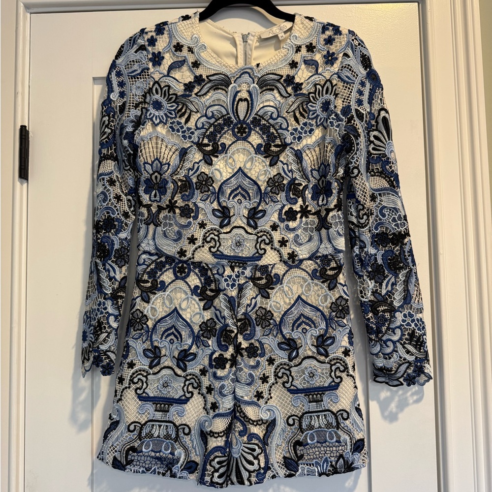 Alexis Long Sleeve Blue and White Lace Romper